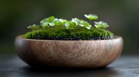 Delicate white wood sorrel flowers blooming on fresh moss in wooden bowl against dark background, creating zen garden atmosphere for wellness and spa design.