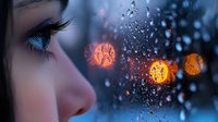 Close up view of blue eye and long eyelashes looking through rainy window with glowing orange bokeh lights and water drops creating dreamy atmospheric mood.