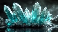 Luminous aqua crystal formation emerging from dark waters with mystical glow, dramatic lighting creates ethereal atmosphere. Magical mineral cluster for fantasy and spiritual designs.