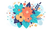 Vibrant floral composition with coral and turquoise blooms, navy leaves, and geometric accents on white background, suitable for greeting cards and stationery design.