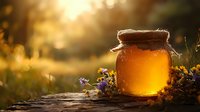 Glass jar of fresh honey glowing in golden sunlight with wildflowers and natural bokeh background, rustic composition highlighting organic sweetness and natural food concept.