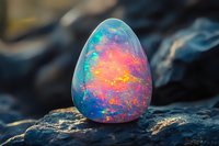 Luminous opal gemstone in egg shape glowing with vibrant rainbow colors against dark rocky background, displaying natural fire and iridescent play-of-color phenomenon.