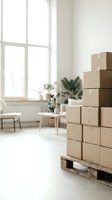 Stacked cardboard boxes on wooden pallet in bright, minimalist interior with large windows, potted plants, and natural light for logistics, storage, moving, and warehouse concepts.
