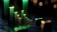 Glowing green data visualization bars on dark background with particle effects and bokeh lights showing financial or business analytics growth chart.