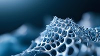 Microscopic view of radiolarian shell structure in blue tones showing intricate geometric patterns and holes, natural marine microorganism close-up detail.