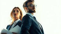 Young diverse business professionals standing back-to-back, confident poses in modern office setting. Woman holds documents while bearded man in glasses looks upward thoughtfully.