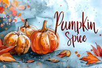 Watercolor autumn composition with orange pumpkins, fall leaves and pumpkin spice lettering on blue background. Seasonal harvest illustration.