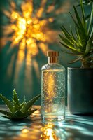 Glass bottle with magical glowing sparkles surrounded by succulent plants against emerald background, creating ethereal light effects and reflections.
