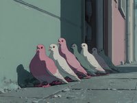 Row of colorful pigeons sitting on urban windowsill ledge in city street setting with pastel building facades creating peaceful bird watching scene.