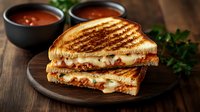 Grilled sandwich with melted cheese and bacon cut diagonally on dark wooden board, served with tomato sauce in black bowls and fresh herbs.
