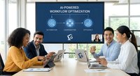 Diverse business team collaborating on AI-powered workflow optimization in modern conference room with digital presentation screen.