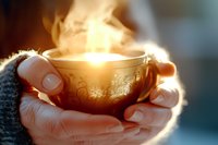 Female hands in warm sweater holding steaming cup of hot beverage against sunlight creating cozy atmospheric morning mood with golden light and vapor.