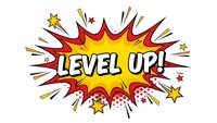 Comic book style explosion burst with Level Up text in bold letters surrounded by colorful starburst rays and decorative stars on white background.