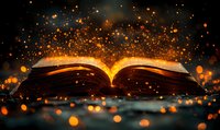 Open magical book with glowing golden light and sparkling particles rising against dark background, creating mystical atmosphere for fantasy and education concepts.