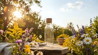 Glass bottle with cork stopper surrounded by wildflowers and herbs in golden sunlight. Natural aromatherapy and wellness concept for spa treatments.