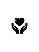 Protective hands holding heart symbol representing care, love, support and compassion in black silhouette isolated on white background for design.