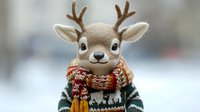 Adorable reindeer character wearing colorful knitted sweater in winter setting, cute holiday mascot for Christmas decorations and seasonal designs.
