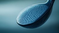 Close-up macro shot of golf club driver head showing detailed dimpled pattern texture against blue background, dramatic lighting highlights surface detail.