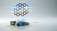 Molecular structure with blue highlighted atoms floating above circuit board with electronic components and glowing blue light, representing nanotechnology and scientific innovation.