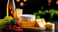 Assorted cheese varieties with brie, cheddar and swiss on wooden board accompanied by fresh grapes, herbs and wine bottle against dark background with bokeh lights.