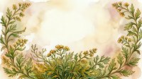 Watercolor botanical frame with green herbs and yellow flowers on soft pastel background for wedding invitations and spring designs.