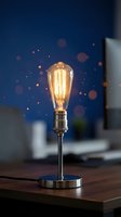 Vintage Edison filament bulb glowing on metal desk lamp against deep blue evening background with bokeh lights, ideal for creative workspace and innovation concepts.