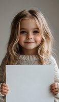 Young girl with freckles and blonde wavy hair wearing knit sweater holds blank white paper sheet, smiling warmly at camera. Natural lighting creates soft portrait mood.