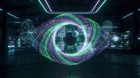 Futuristic digital eye with glowing neon wireframe in cyberpunk control room with holographic displays and advanced technology interface design.