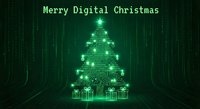Digital Christmas tree made of glowing green binary code with presents underneath and matrix-style background for holiday tech designs.