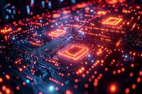 Glowing circuit board with red and blue lights creating futuristic technology pattern, electronic pathways illuminated against dark background, macro photography.
