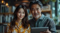 Asian couple smiling while looking at digital tablet in cozy cafe with bookshelves in background, creating warm atmosphere of connection and technology use.