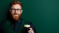 Smiling redhead businessman with beard wearing glasses and black suit holding dark craft beer glass against green background. Professional portrait.