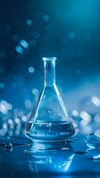 Laboratory glass flask with clear liquid and bubbles on blue background with bokeh lights and reflection on glossy surface. Scientific research concept.
