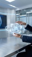 Businessman in dark suit holding glowing holographic cube with digital icons in modern office environment, representing technology, data management, and innovation.
