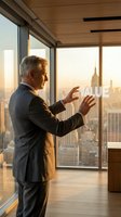 Mature Caucasian businessman in suit touching glass window overlooking city skyline at sunset from modern office with wooden ceiling and urban view.