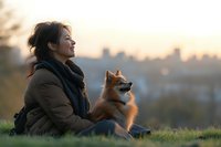 Young Asian woman in warm winter coat sitting on grass hill with Pomeranian dog at sunset, urban skyline background creates peaceful outdoor moment.