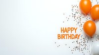Orange balloons and confetti scattered on white background with Happy Birthday text in orange letters. Festive celebration layout with copy space.