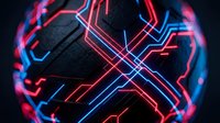 Futuristic neon glowing cross with red and blue light trails on dark textured surface creating cyberpunk atmosphere for digital art and technology designs.