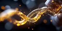Pouring golden whiskey with glowing sparkles and magical dust trail against dark background with bokeh lights creates luxurious atmosphere for beverage advertising.