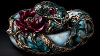 Ornate snake brooch with burgundy rose detail and turquoise accents on dark background, featuring intricate metalwork and gemstone embellishments in vintage jewelry style.