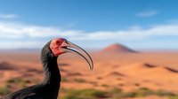 Close-up profile of bald ibis with distinctive curved red beak against blurred desert landscape with sand dunes and blue sky background.