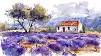 Watercolor countryside landscape with lavender field, rustic cottage with red roof, and olive tree against purple mountains and cloudy sky. Provence style scene.