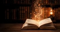 Open book with magical golden sparks and glowing light effects on wooden table in library setting for fantasy storytelling and education concepts.