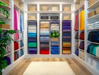 Organized walk-in closet with colorful folded clothes and wicker storage baskets on white built-in shelving, hardwood floor and natural rug creating luxury wardrobe space.