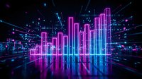 Neon glowing bar chart with upward trend showing data growth and financial success. Digital analytics visualization with magenta and cyan lights on dark background for business presentations.