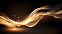 Glowing golden waves with sparkling particles flow through dark space creating magical light effect for luxury backgrounds and festive designs.
