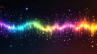 Vibrant rainbow sound wave with glowing particles and light effects on dark background creates dynamic audio visualization pattern for music and entertainment designs.