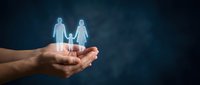 Hands cupping a glowing holographic family silhouette on dark background, symbolizing protection, care, and family insurance concepts.