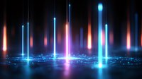 Glowing vertical light beams in blue, purple and orange colors rising from illuminated ground surface with particles and reflections creating futuristic atmosphere.
