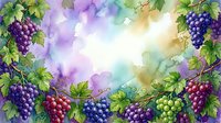 Watercolor grape clusters with green leaves creating decorative border frame on soft purple and blue background for wine industry designs.
